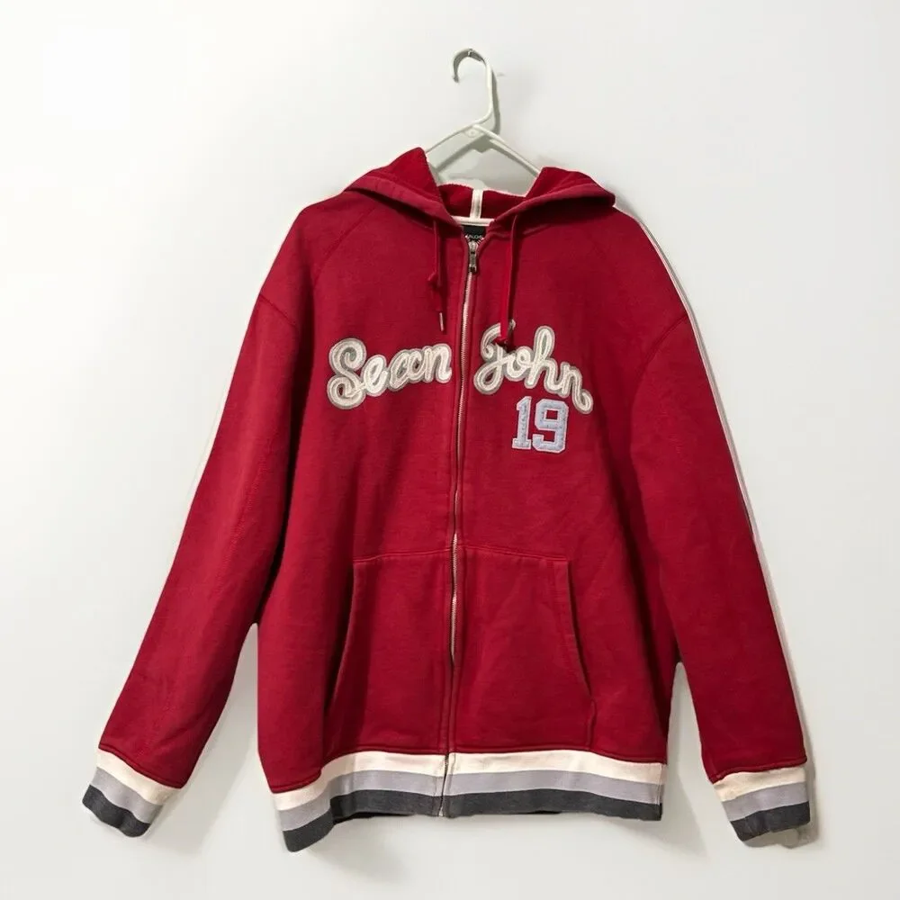 Sean John Vtg Red Men Full Zip Hoodie hip hop 90s Sz XL Logo #19 Embroidered Y2K